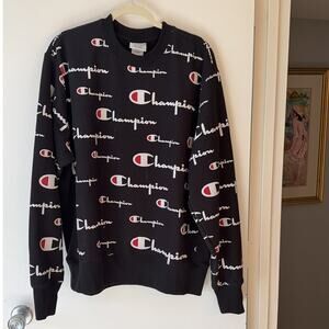 Champion Men's XL Reverse Weave All Over Logo Script Sweatshirt Black Crew